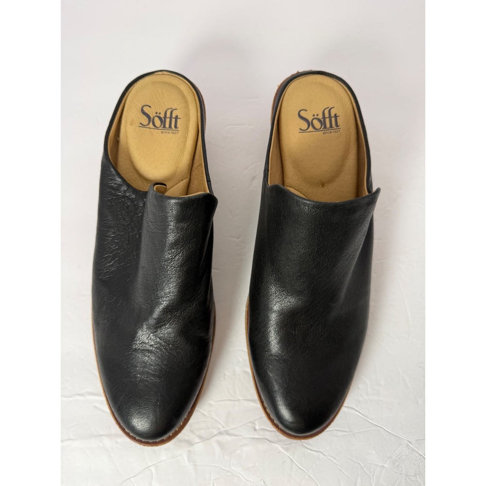Sofft Black Leather Pointed Toe Mules Stacked Heel Clogs SF0051901 Womens 9M